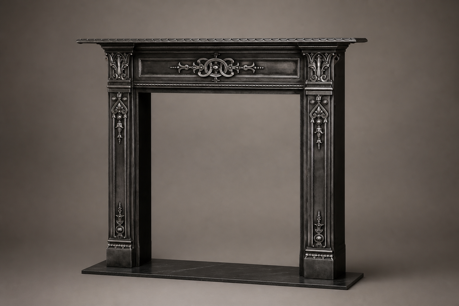 Homura black marble fireplace mantel by 1-OPH, studio view
