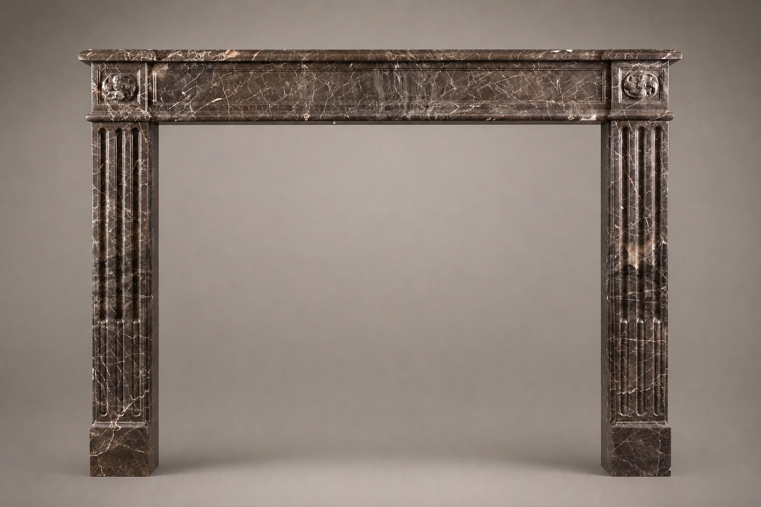 Urbino dark plum marble fireplace mantel by 1-OPH, side elevation