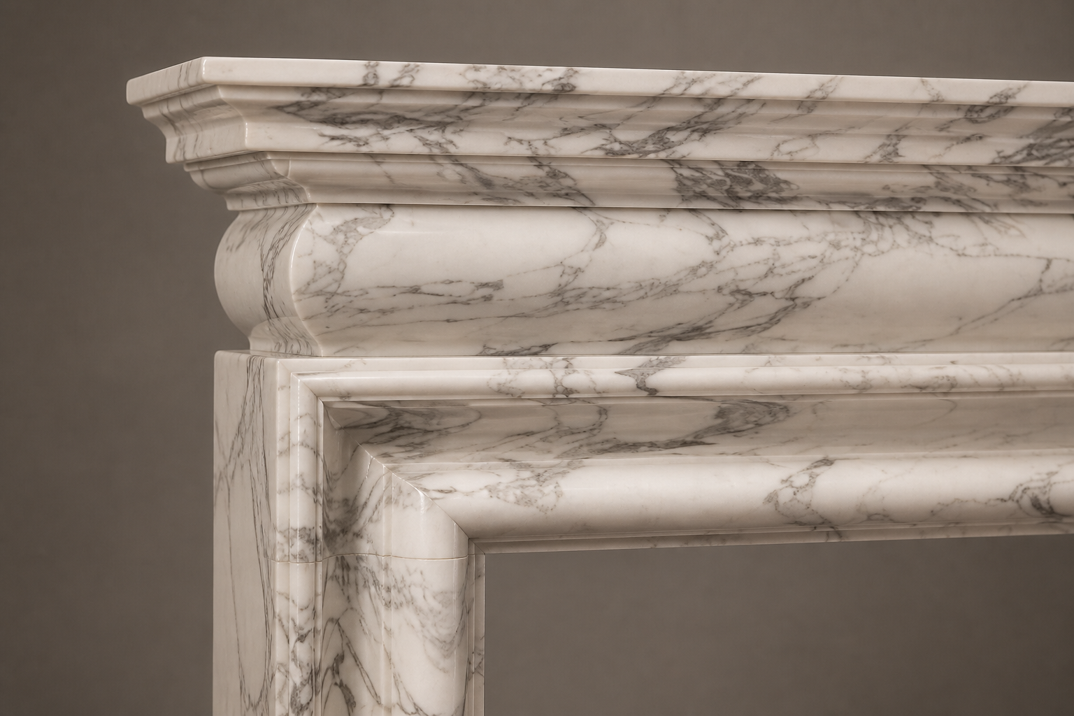 Sostara calacatta marble fireplace mantel by 1-OPH, surface detail