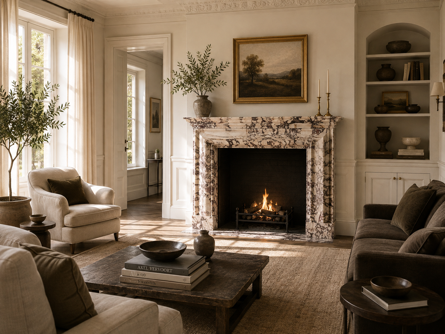 Sumire breccia viola marble fireplace mantel by 1-OPH, in a Dubai interior