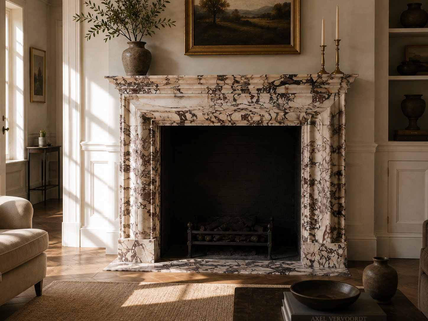 Sumire breccia viola marble fireplace mantel by 1-OPH, carved detail