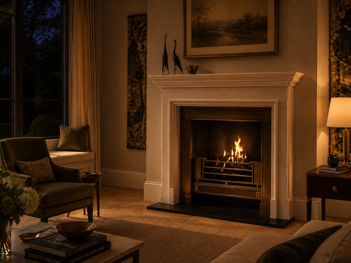 Dimora white marble fireplace mantel by 1-OPH, lit at night