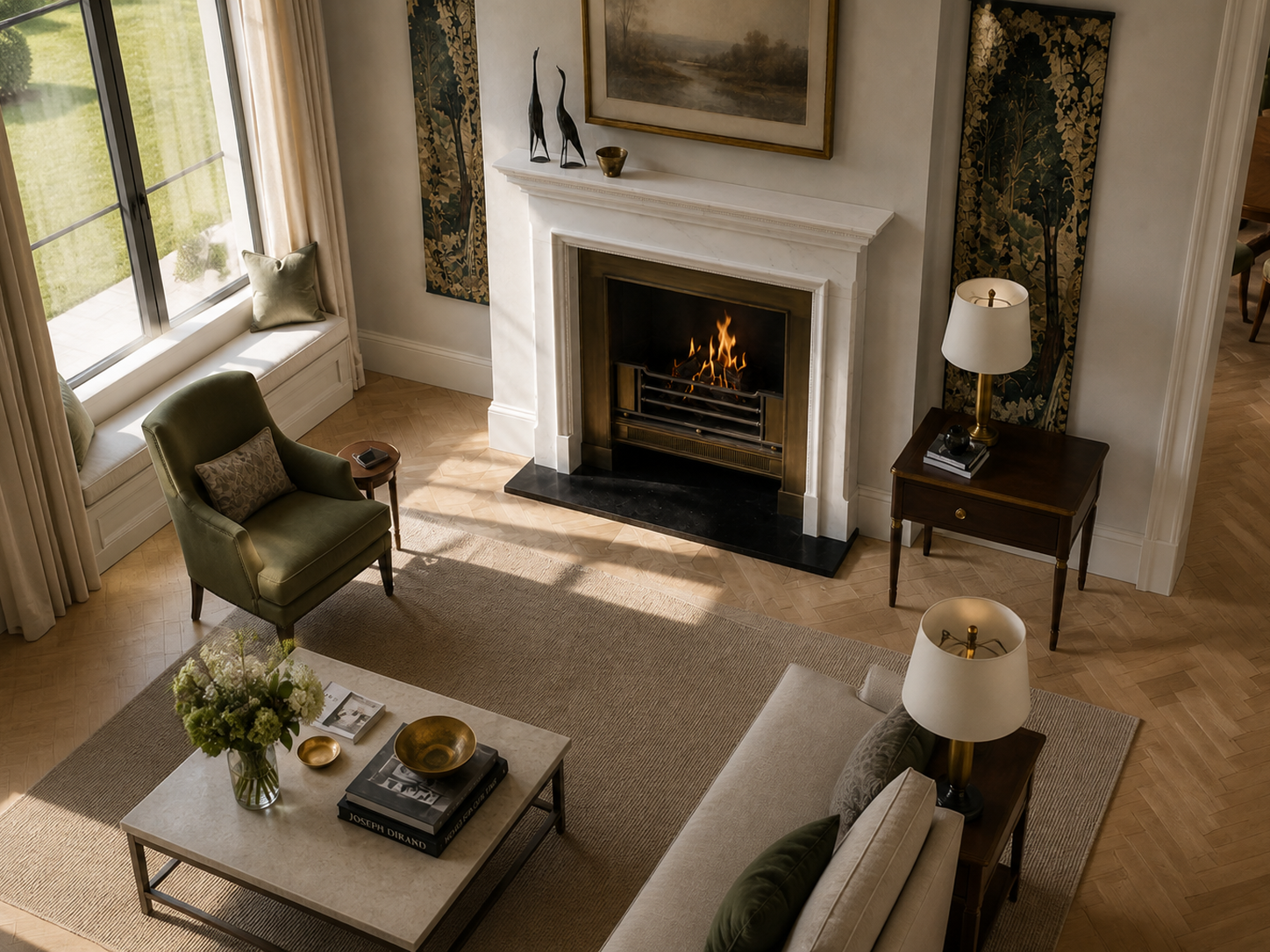 Dimora white marble fireplace mantel by 1-OPH, seen from above
