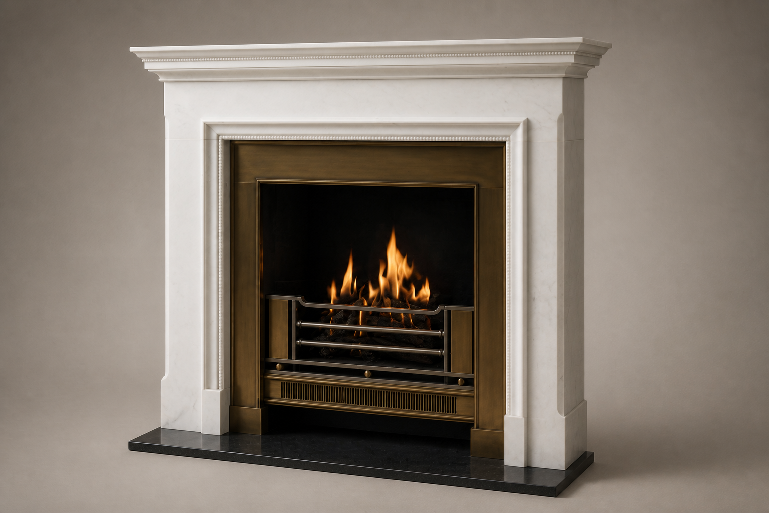 Dimora white marble fireplace mantel by 1-OPH, studio view