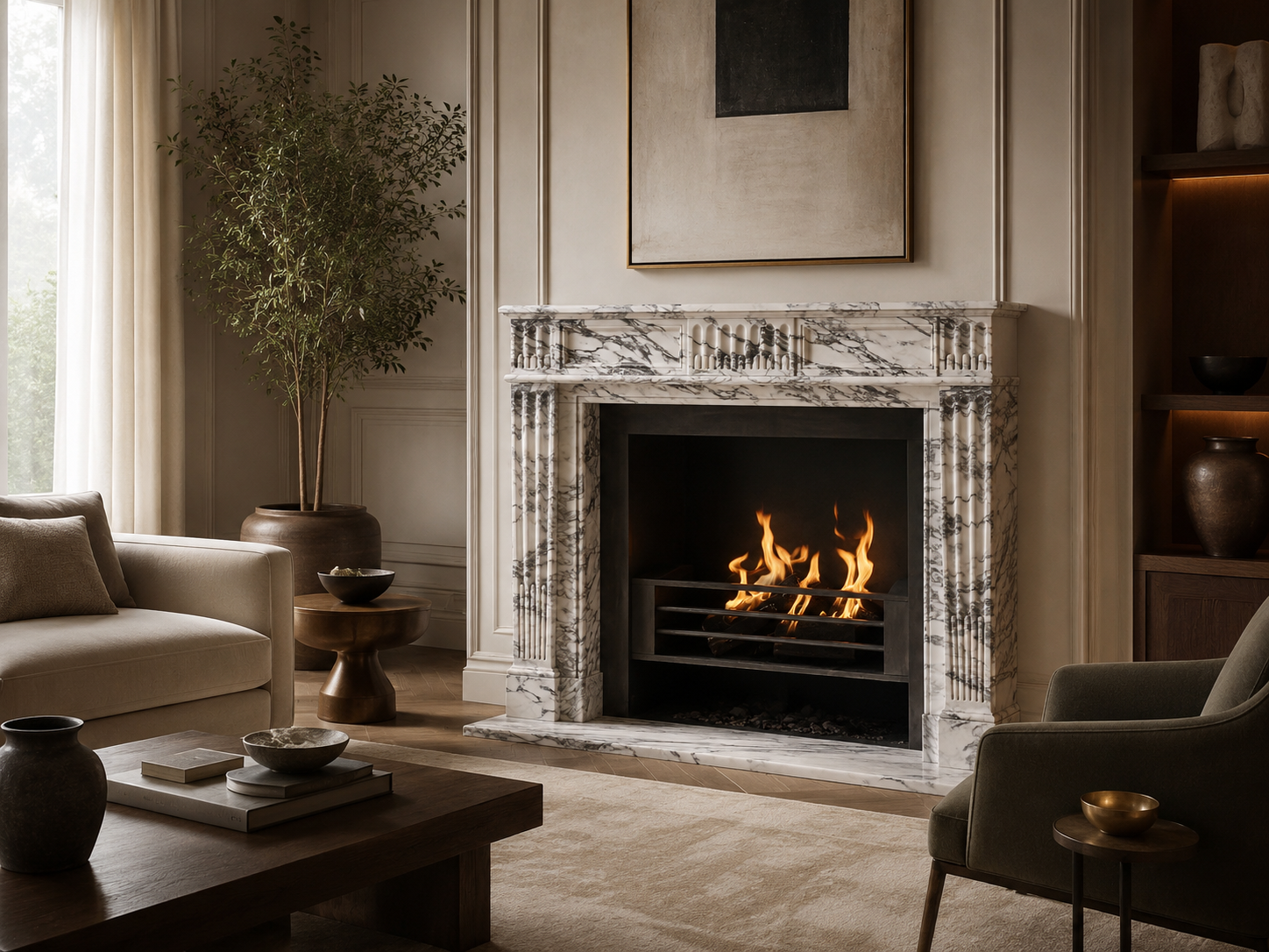 Manzil breccia viola marble fireplace mantel by 1-OPH, in a Dubai interior