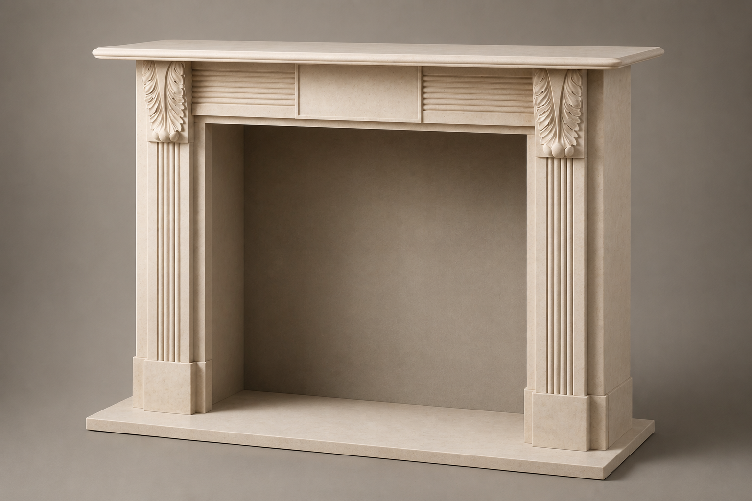 Abrigo cream limestone fireplace mantel by 1-OPH, studio view