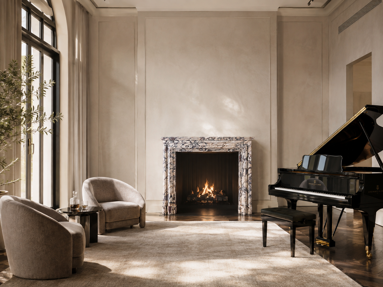 Malva breccia viola marble fireplace mantel by 1-OPH, in a Dubai interior