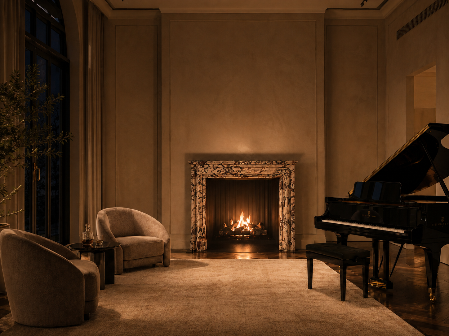 Malva breccia viola marble fireplace mantel by 1-OPH, lit at night