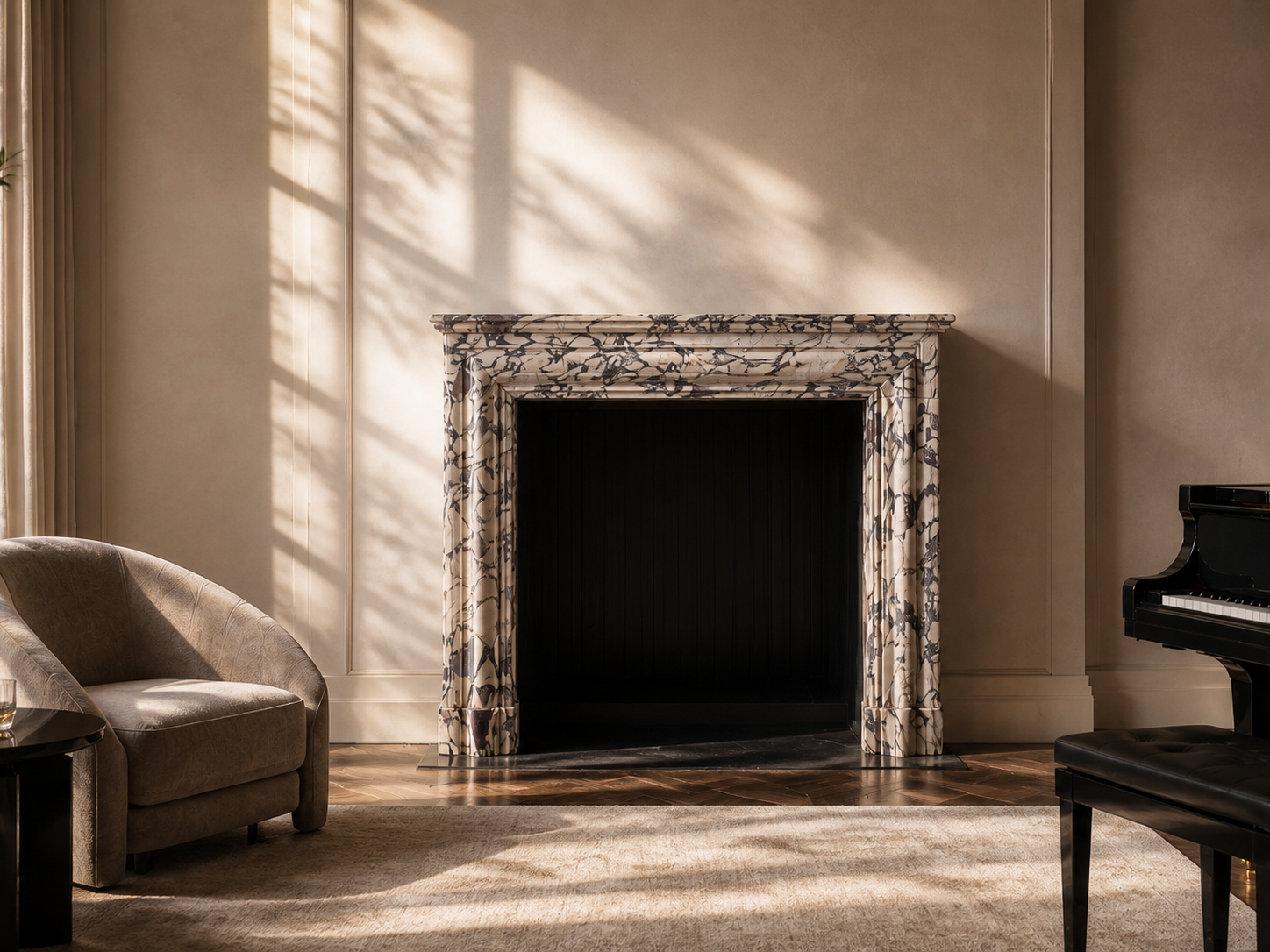 Malva breccia viola marble fireplace mantel by 1-OPH, carved detail