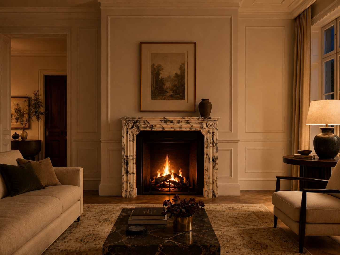 Siena calacatta marble fireplace mantel by 1-OPH, lit at night