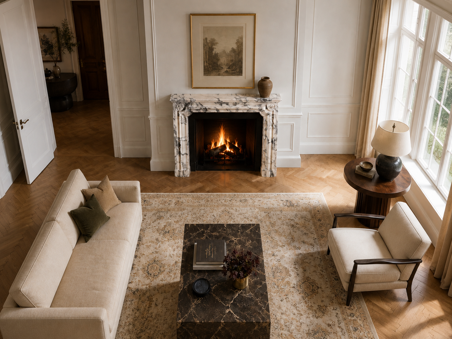 Siena calacatta marble fireplace mantel by 1-OPH, seen from above