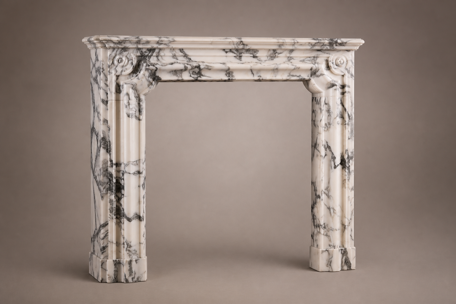 Siena calacatta marble fireplace mantel by 1-OPH, studio view