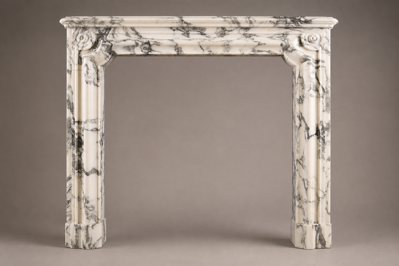 Siena calacatta marble fireplace mantel by 1-OPH, side elevation