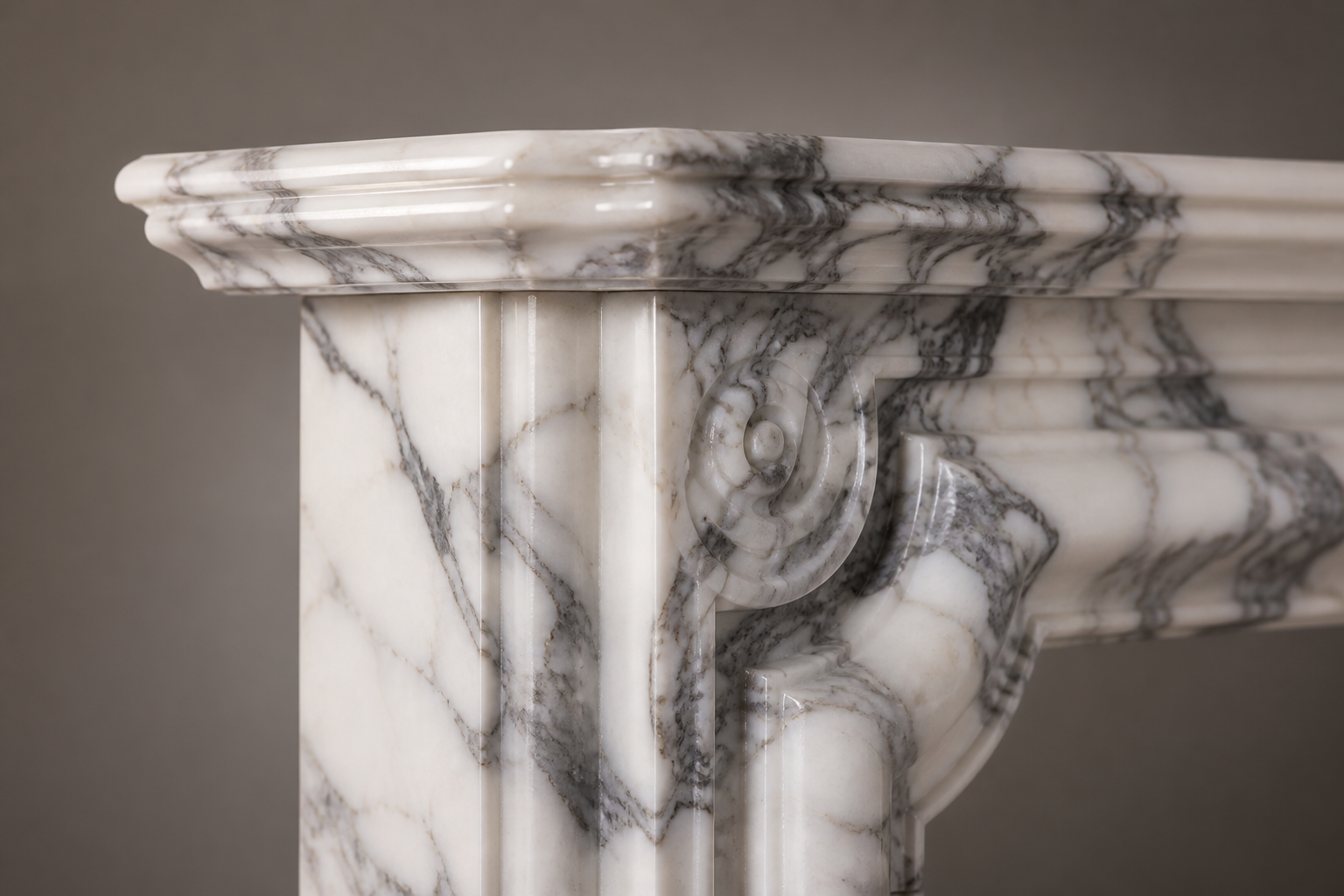 Siena calacatta marble fireplace mantel by 1-OPH, surface detail