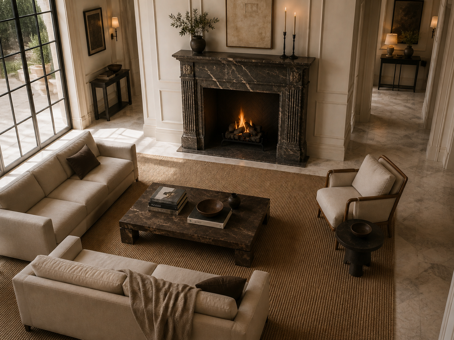 Bosco deep green marble fireplace mantel by 1-OPH, seen from above