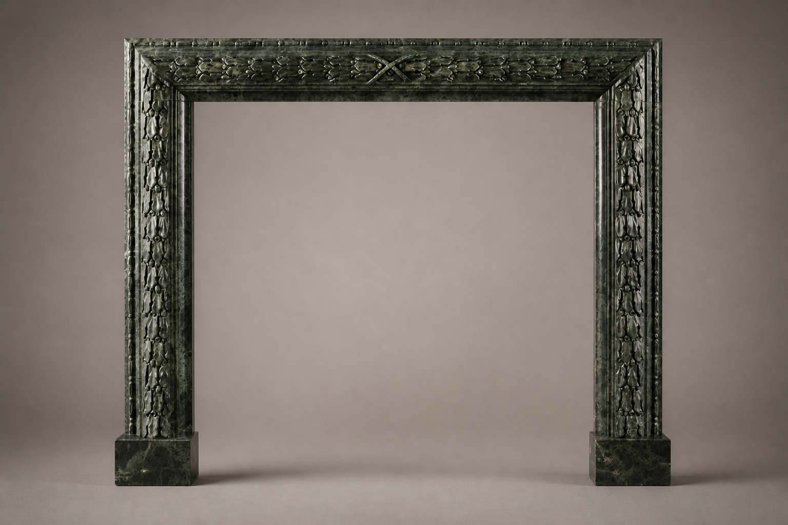 Bosco deep green marble fireplace mantel by 1-OPH, side elevation
