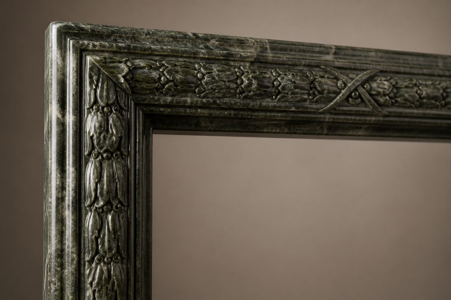Bosco deep green marble fireplace mantel by 1-OPH, surface detail