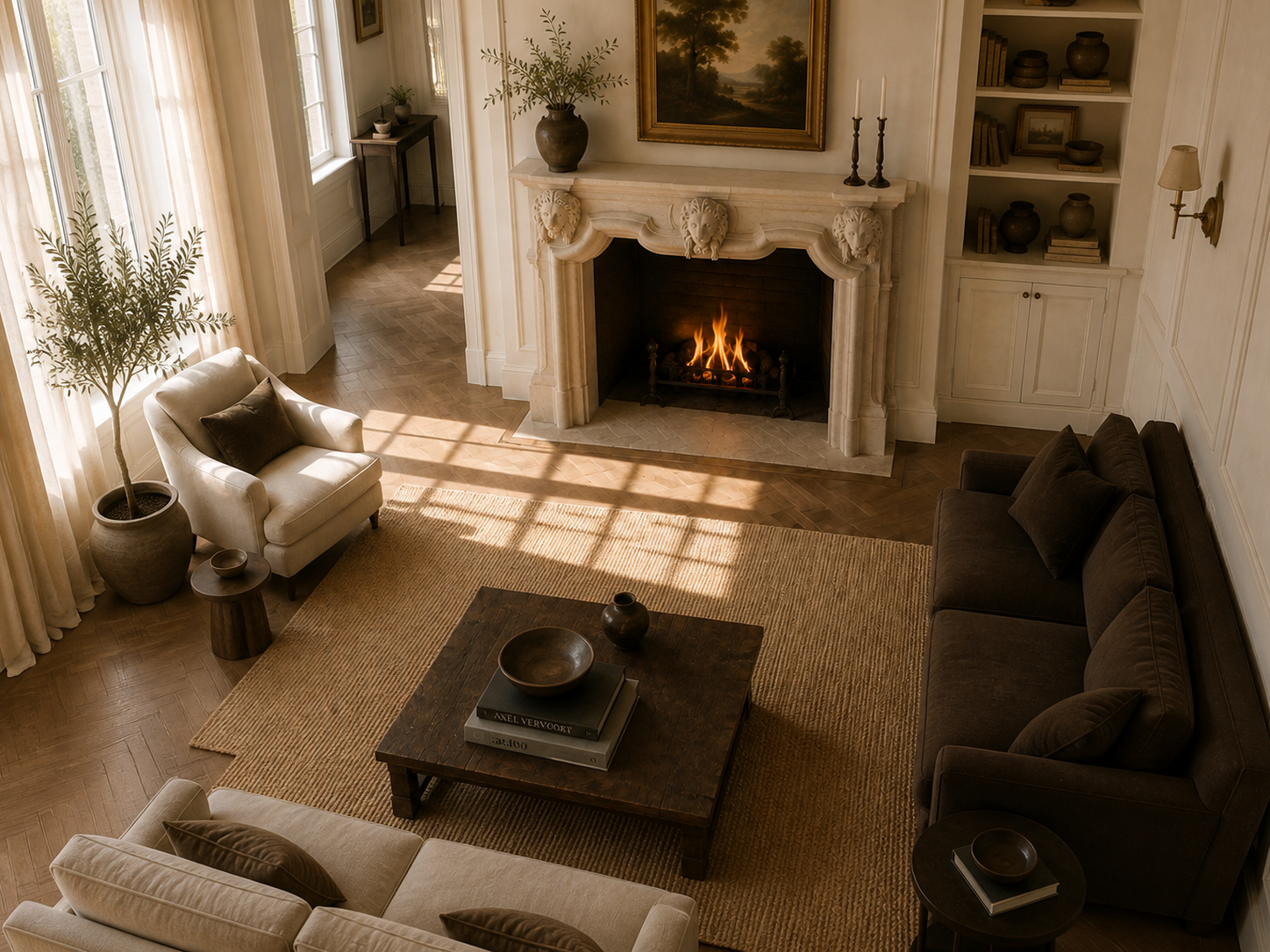Amal cream limestone fireplace mantel by 1-OPH, seen from above