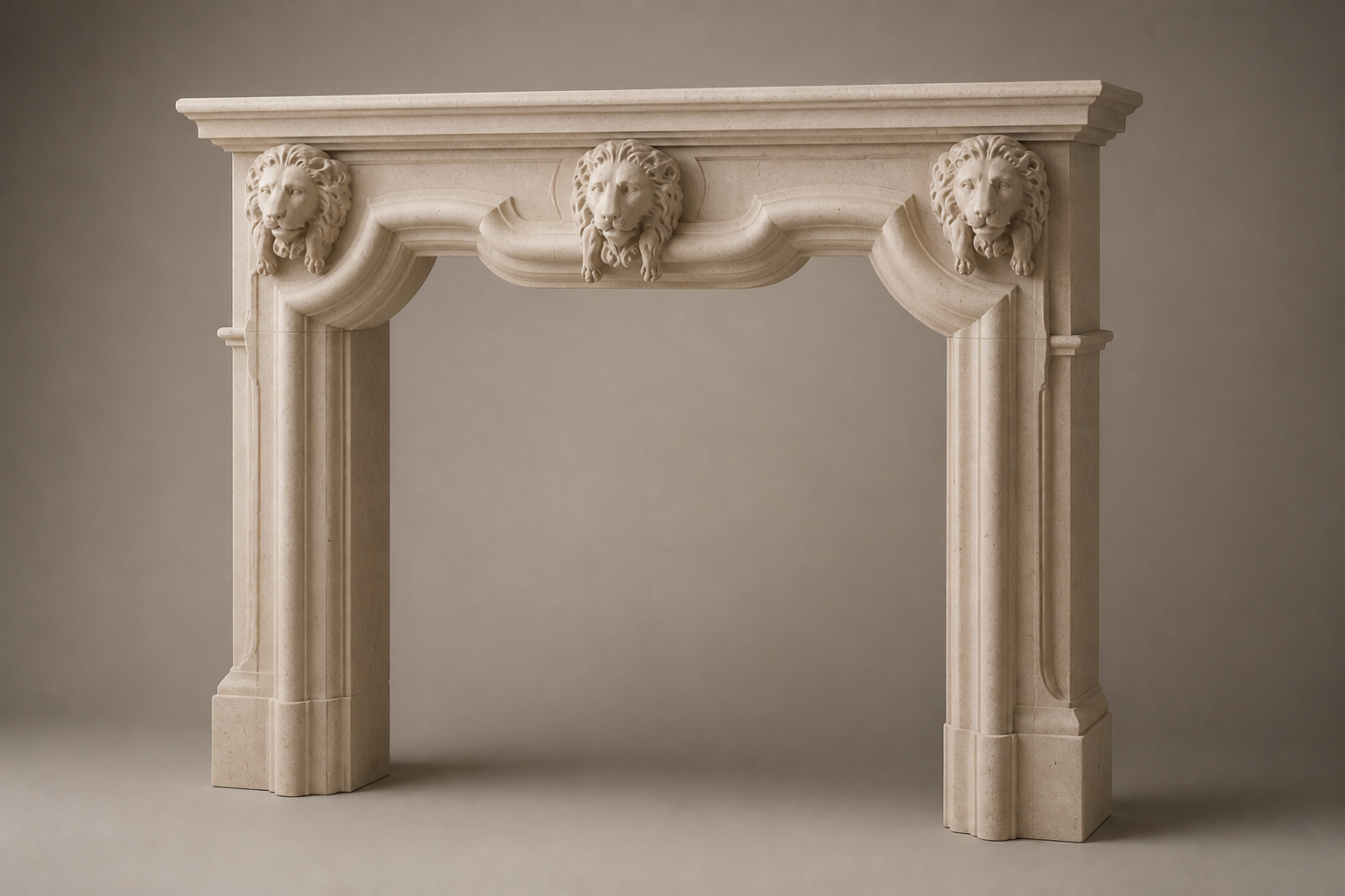 Amal cream limestone fireplace mantel by 1-OPH, studio view