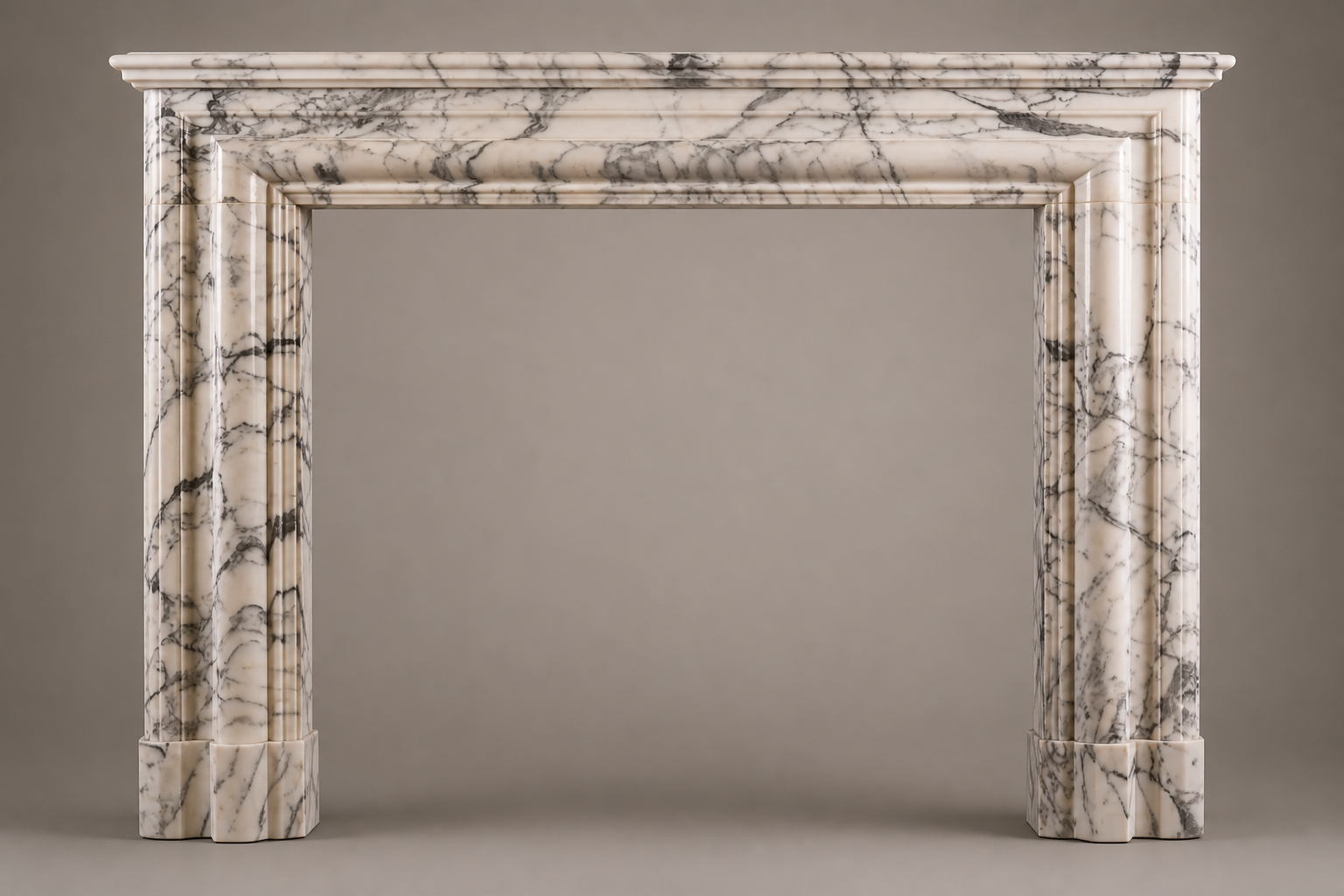 Kumo pale veined marble fireplace mantel by 1-OPH, side elevation