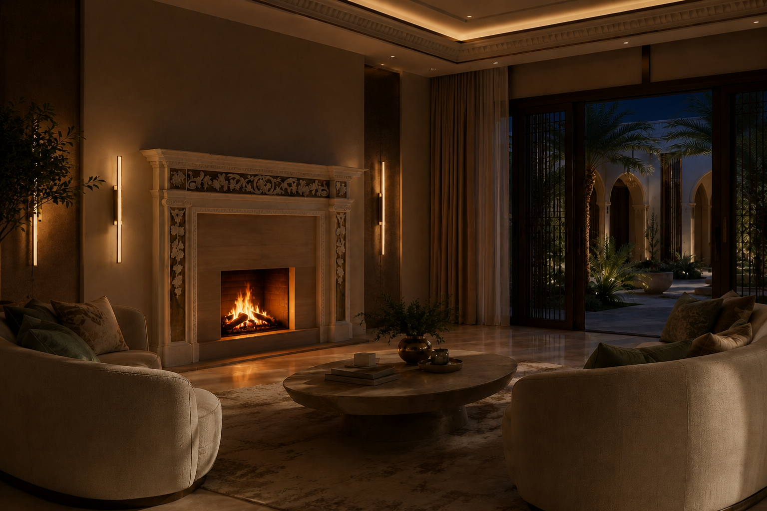 Yasmin white marble with gilt inlay fireplace mantel by 1-OPH, lit at night
