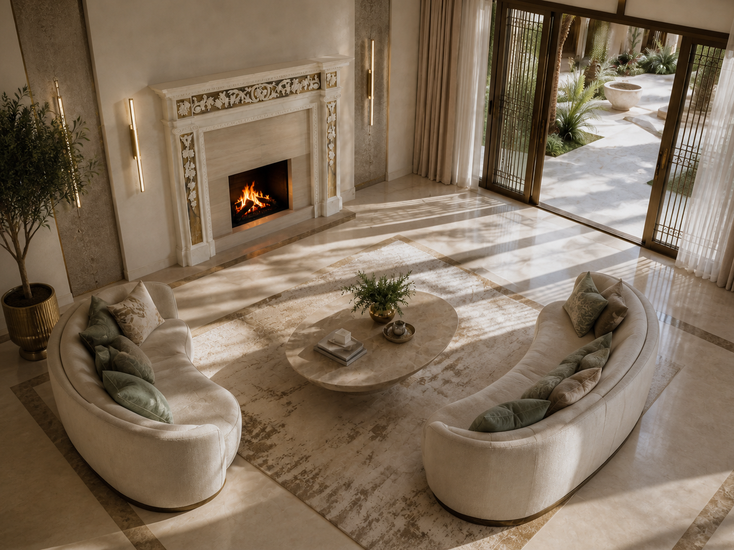 Yasmin white marble with gilt inlay fireplace mantel by 1-OPH, seen from above