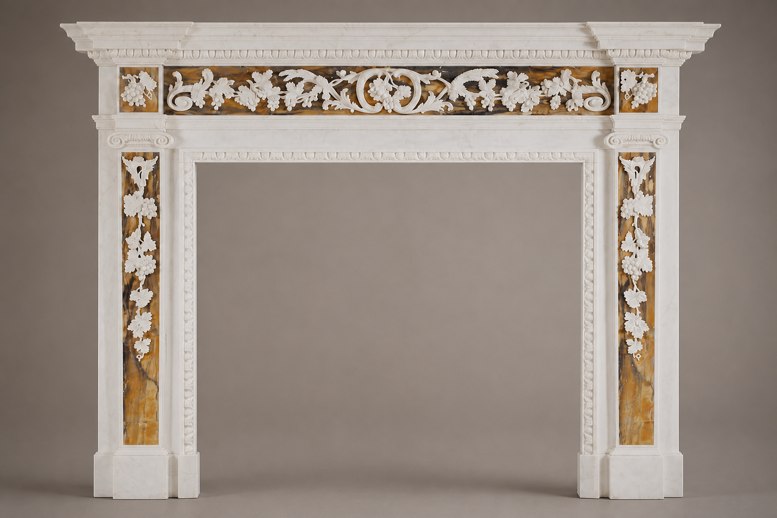 Yasmin white marble with gilt inlay fireplace mantel by 1-OPH, side elevation