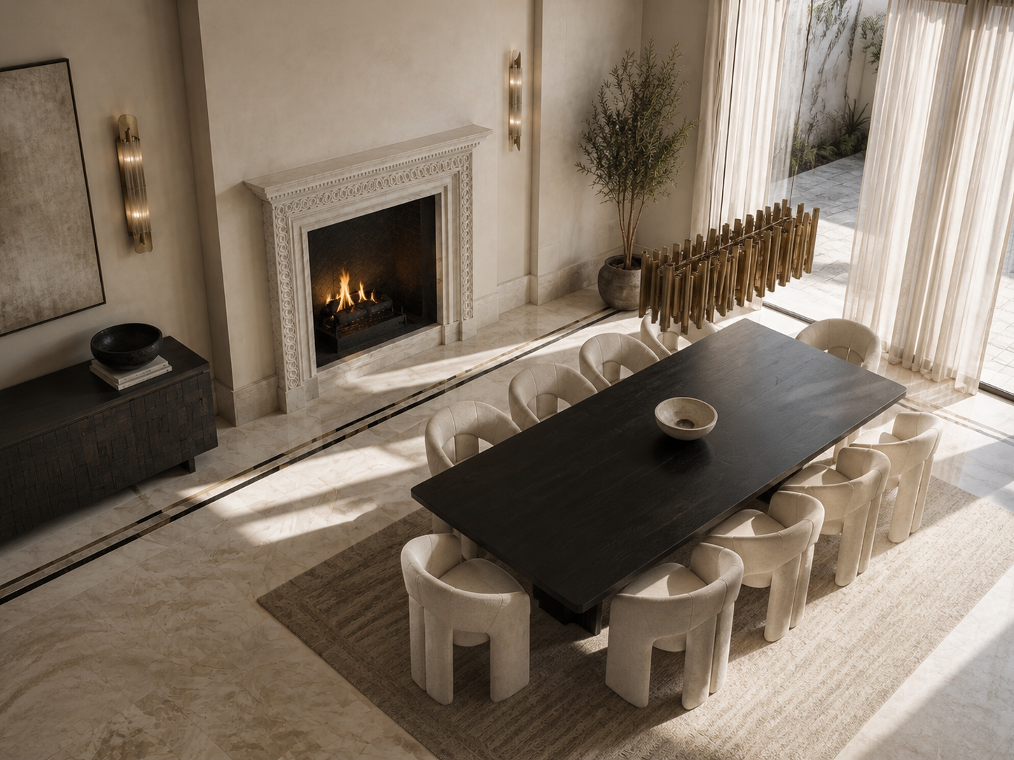 Nada pink-cream marble fireplace mantel by 1-OPH, seen from above