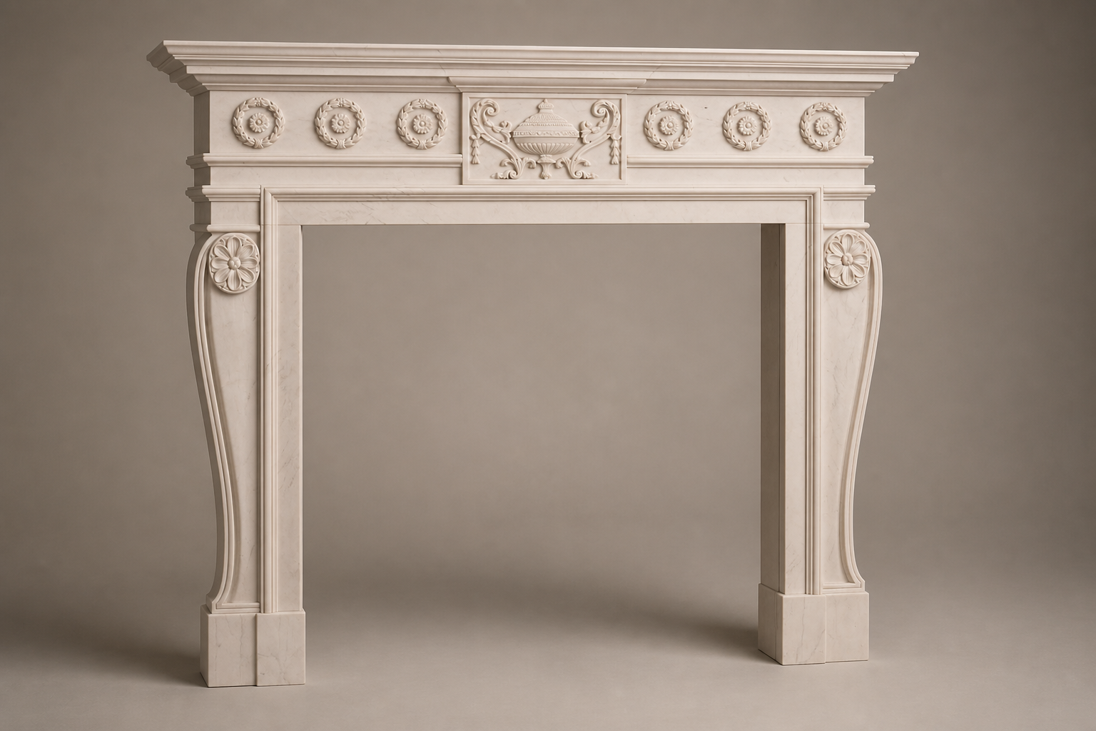 Nada pink-cream marble fireplace mantel by 1-OPH, studio view