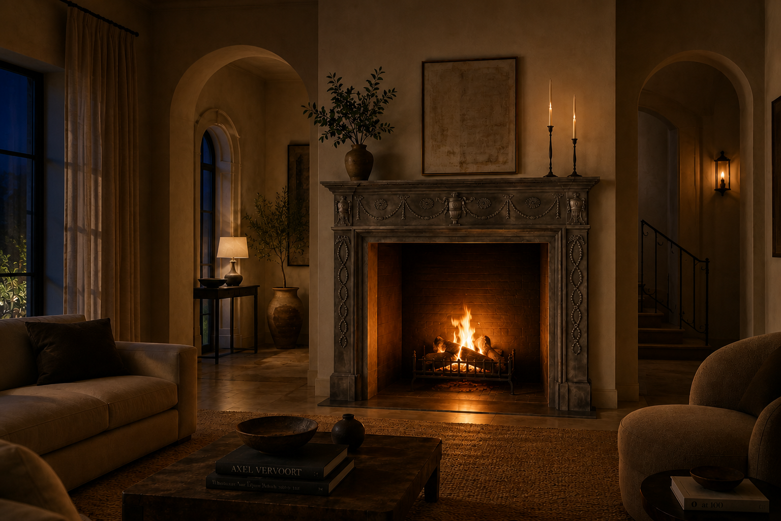 Fumara charcoal marble fireplace mantel by 1-OPH, lit at night