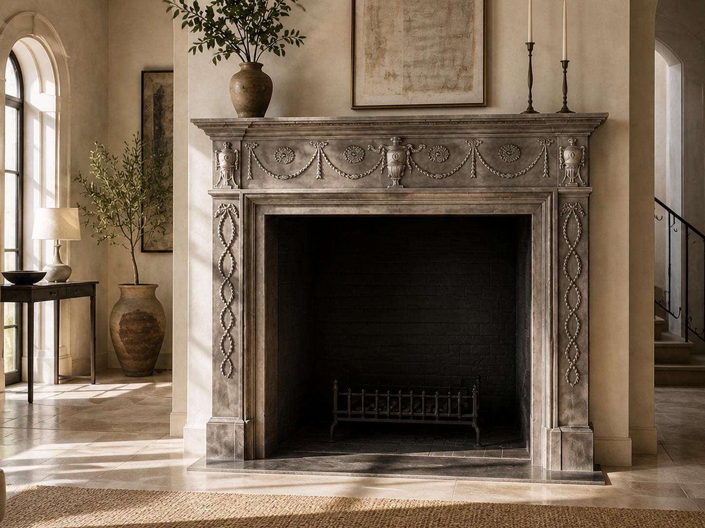Fumara charcoal marble fireplace mantel by 1-OPH, carved detail