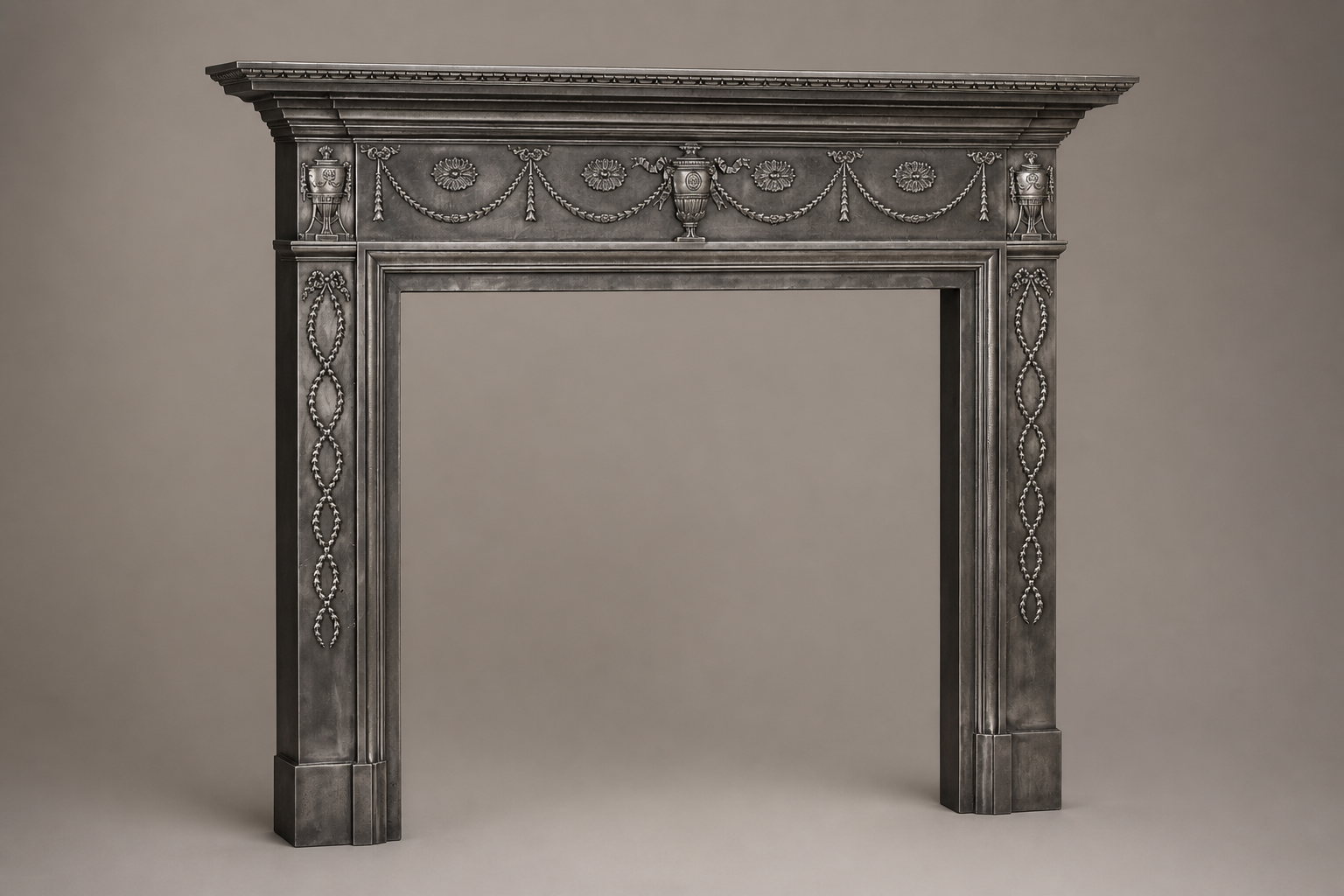 Fumara charcoal marble fireplace mantel by 1-OPH, studio view