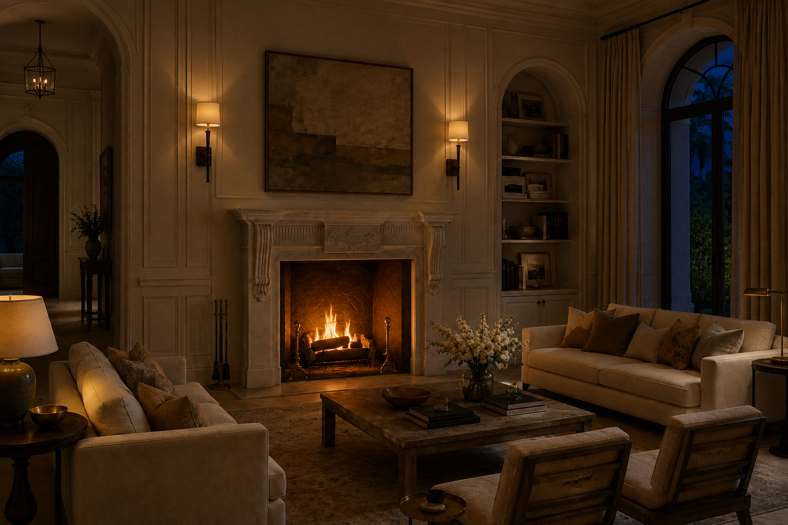 Sosiego pale limestone fireplace mantel by 1-OPH, lit at night