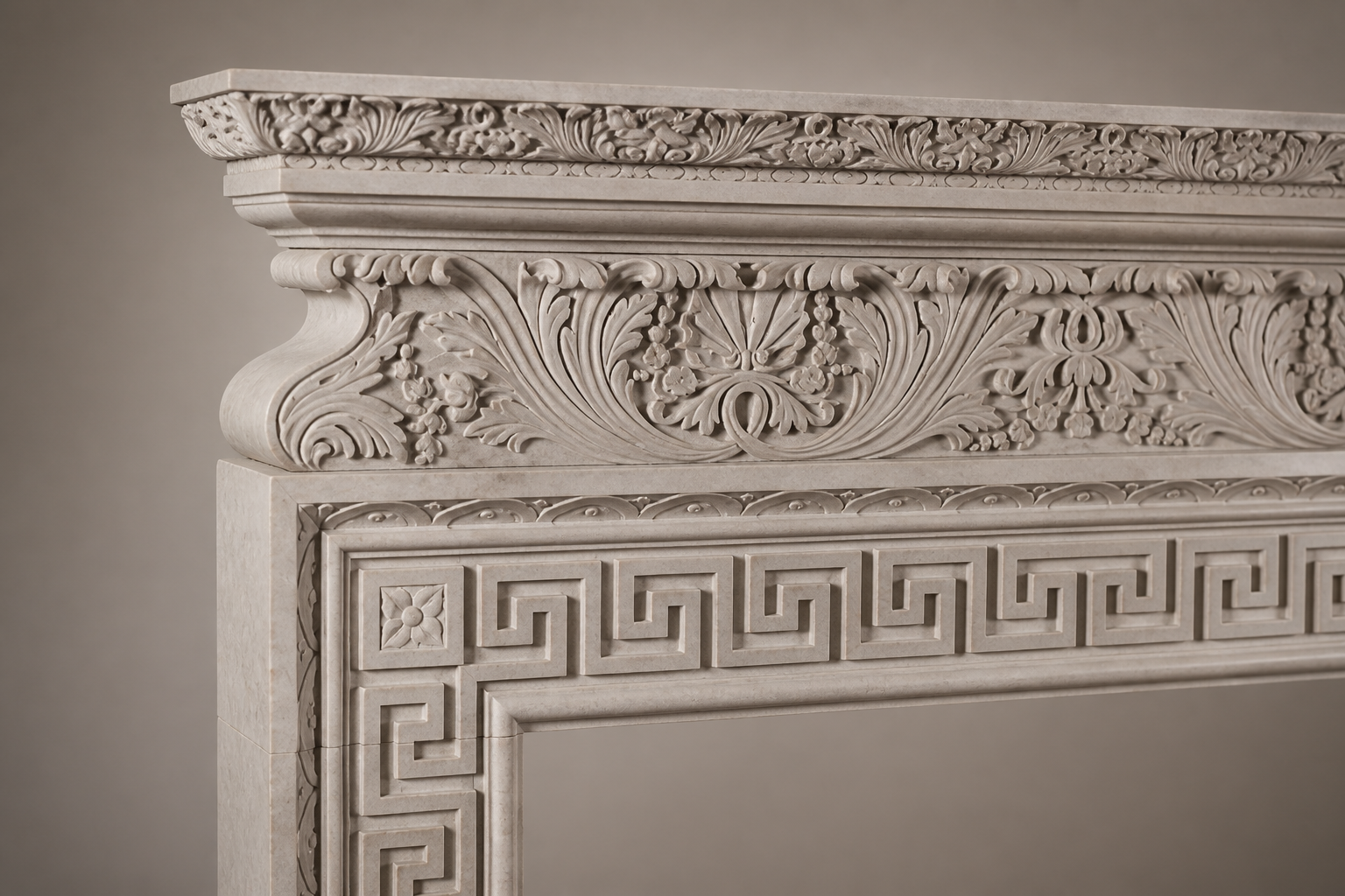 Naxos pale limestone fireplace mantel by 1-OPH, surface detail