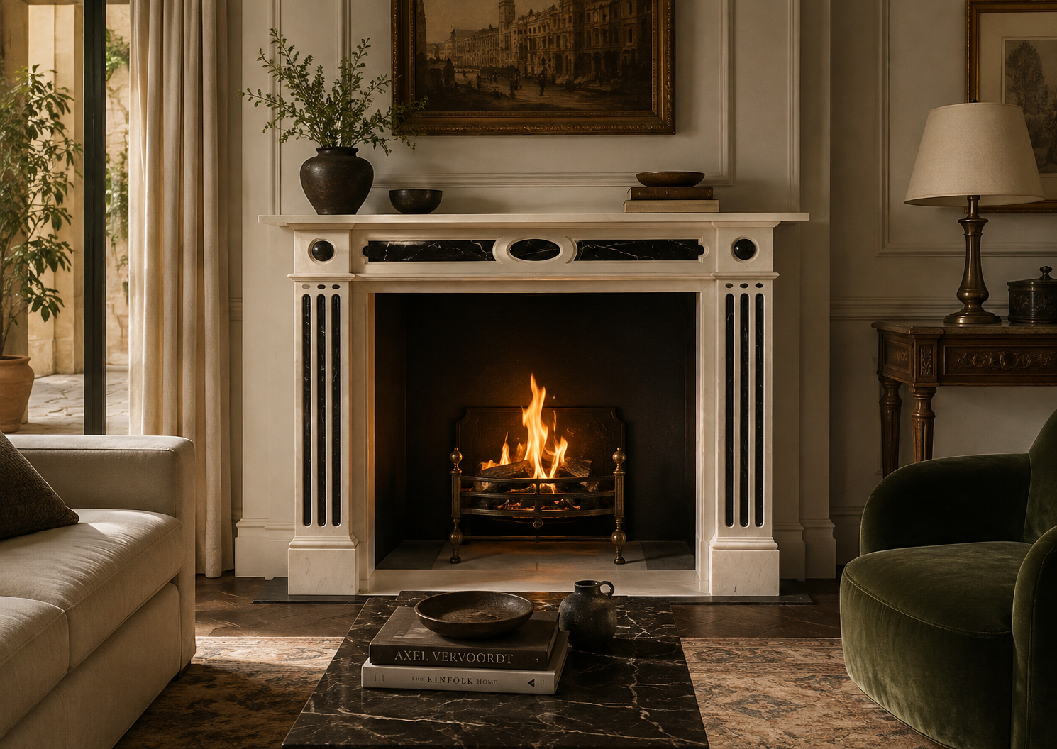 Vetta pale marble with black inlay fireplace mantel by 1-OPH, in a Dubai interior