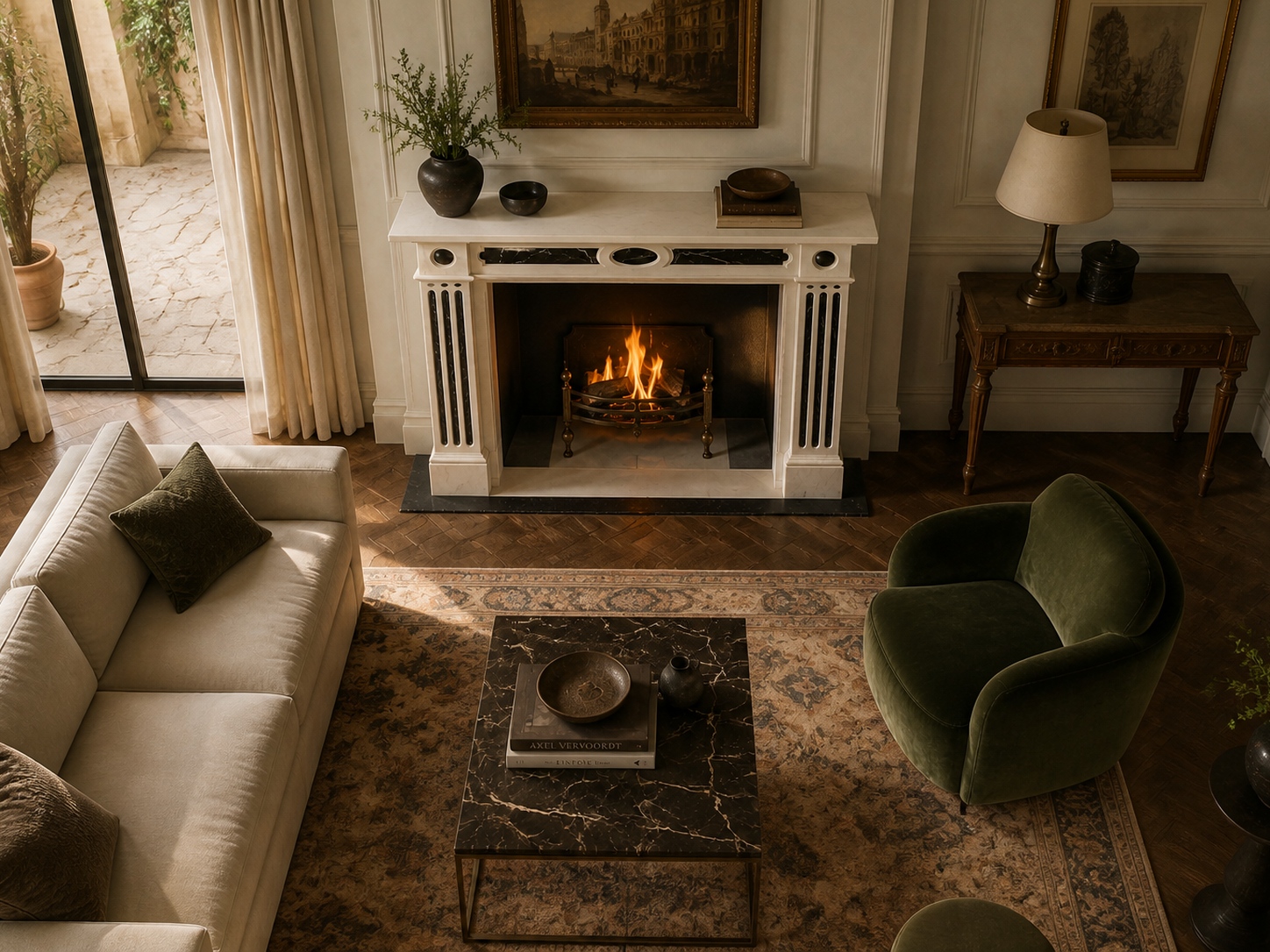 Vetta pale marble with black inlay fireplace mantel by 1-OPH, seen from above