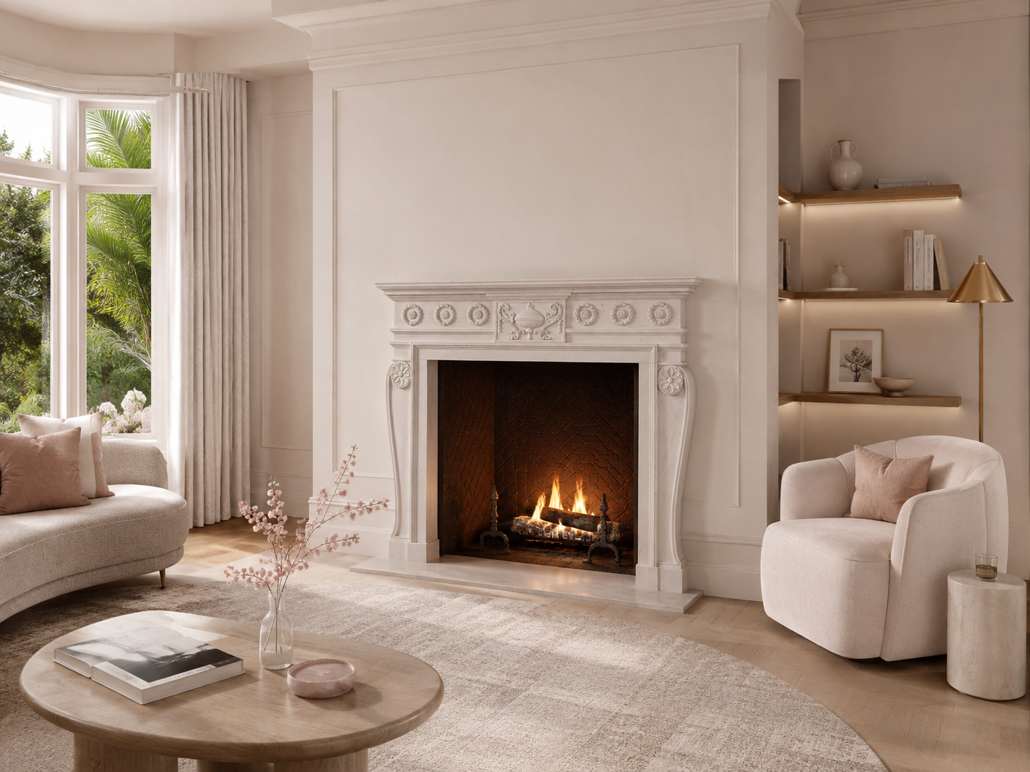 Suzu pale limestone fireplace mantel by 1-OPH, in a Dubai interior