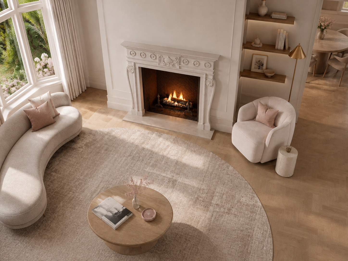 Suzu pale limestone fireplace mantel by 1-OPH, seen from above