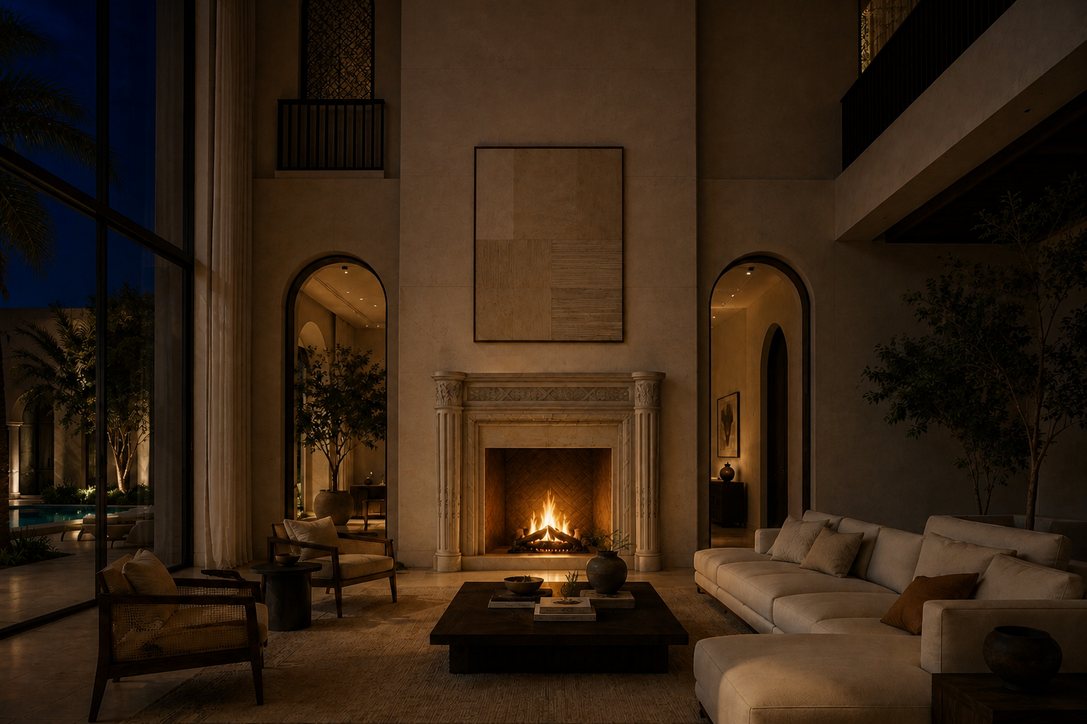 Salina pale marble fireplace mantel by 1-OPH, lit at night