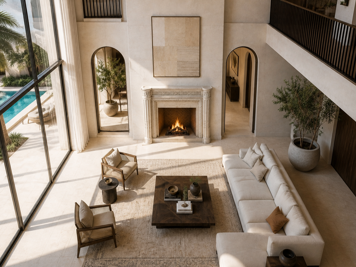 Salina pale marble fireplace mantel by 1-OPH, seen from above