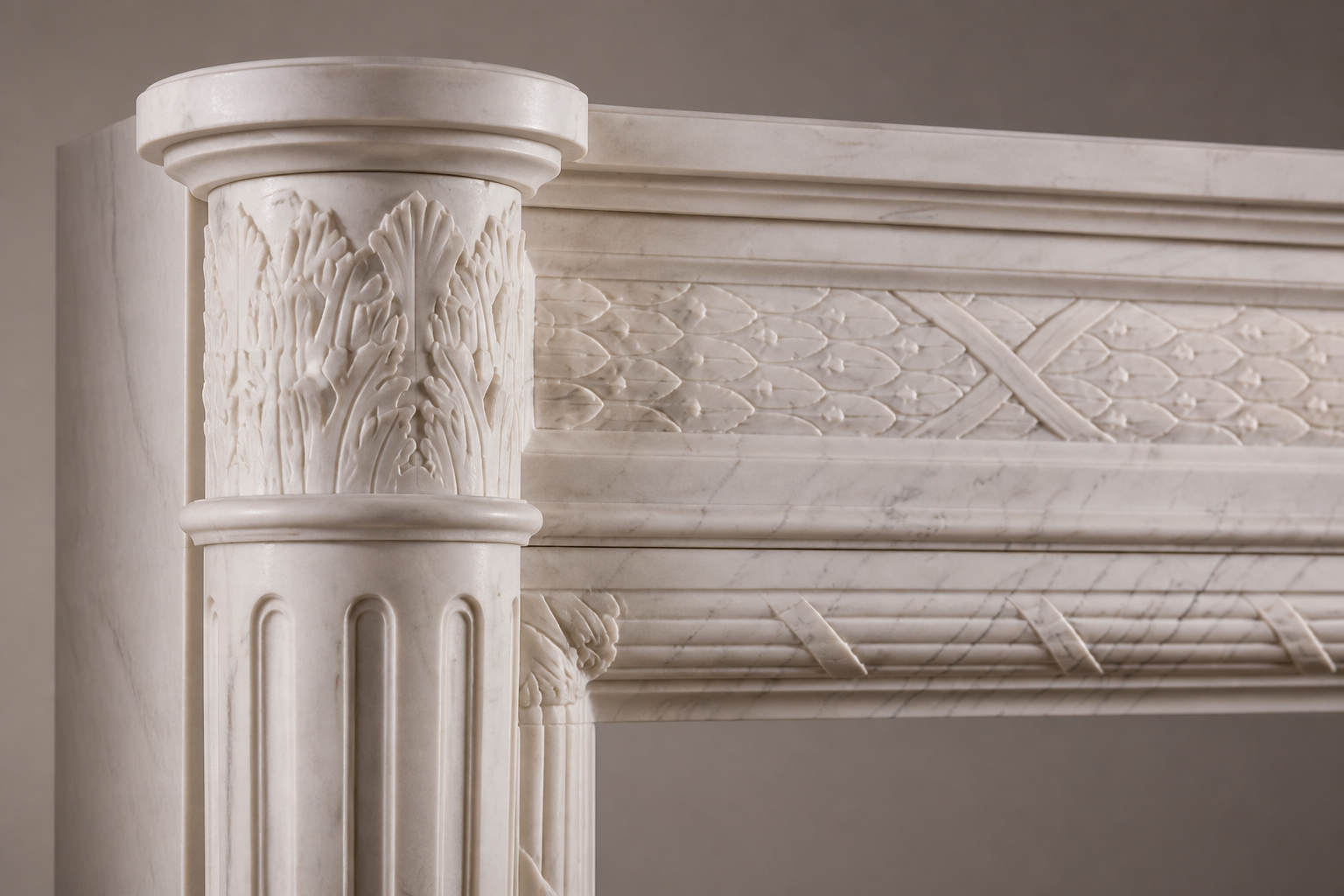 Salina pale marble fireplace mantel by 1-OPH, surface detail
