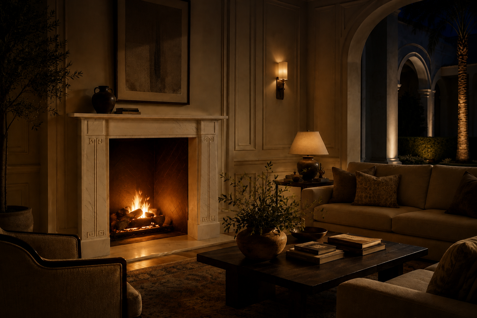 Sabah pale limestone fireplace mantel by 1-OPH, lit at night