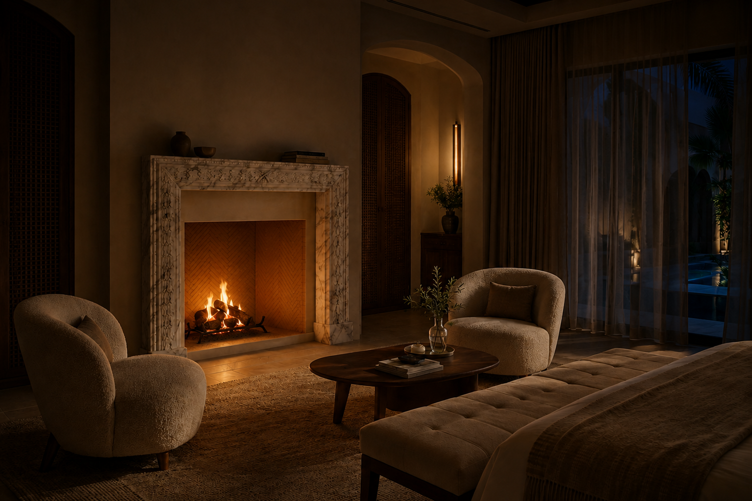 Remanso breccia viola marble fireplace mantel by 1-OPH, lit at night