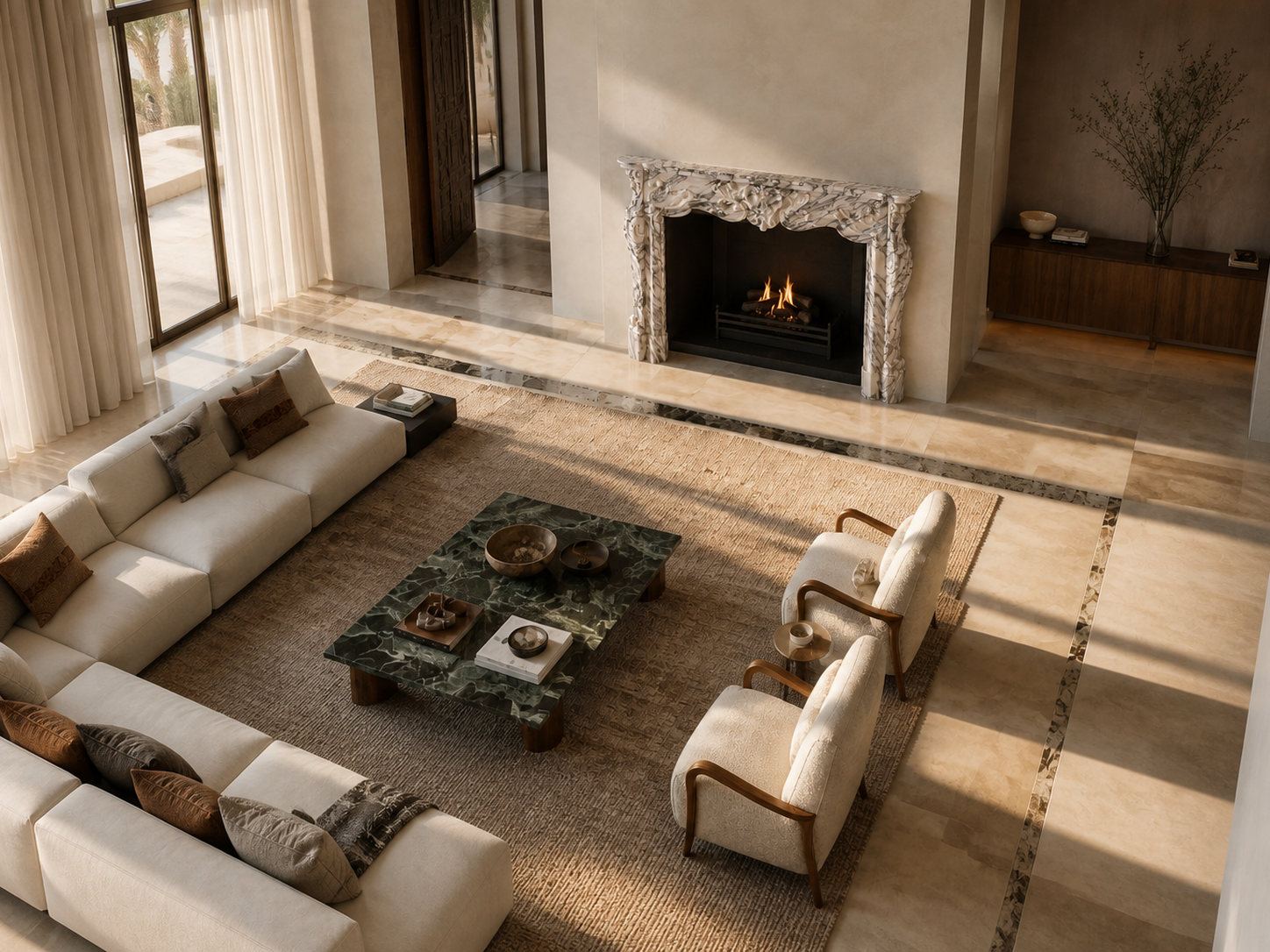 Marisma breccia viola marble fireplace mantel by 1-OPH, seen from above