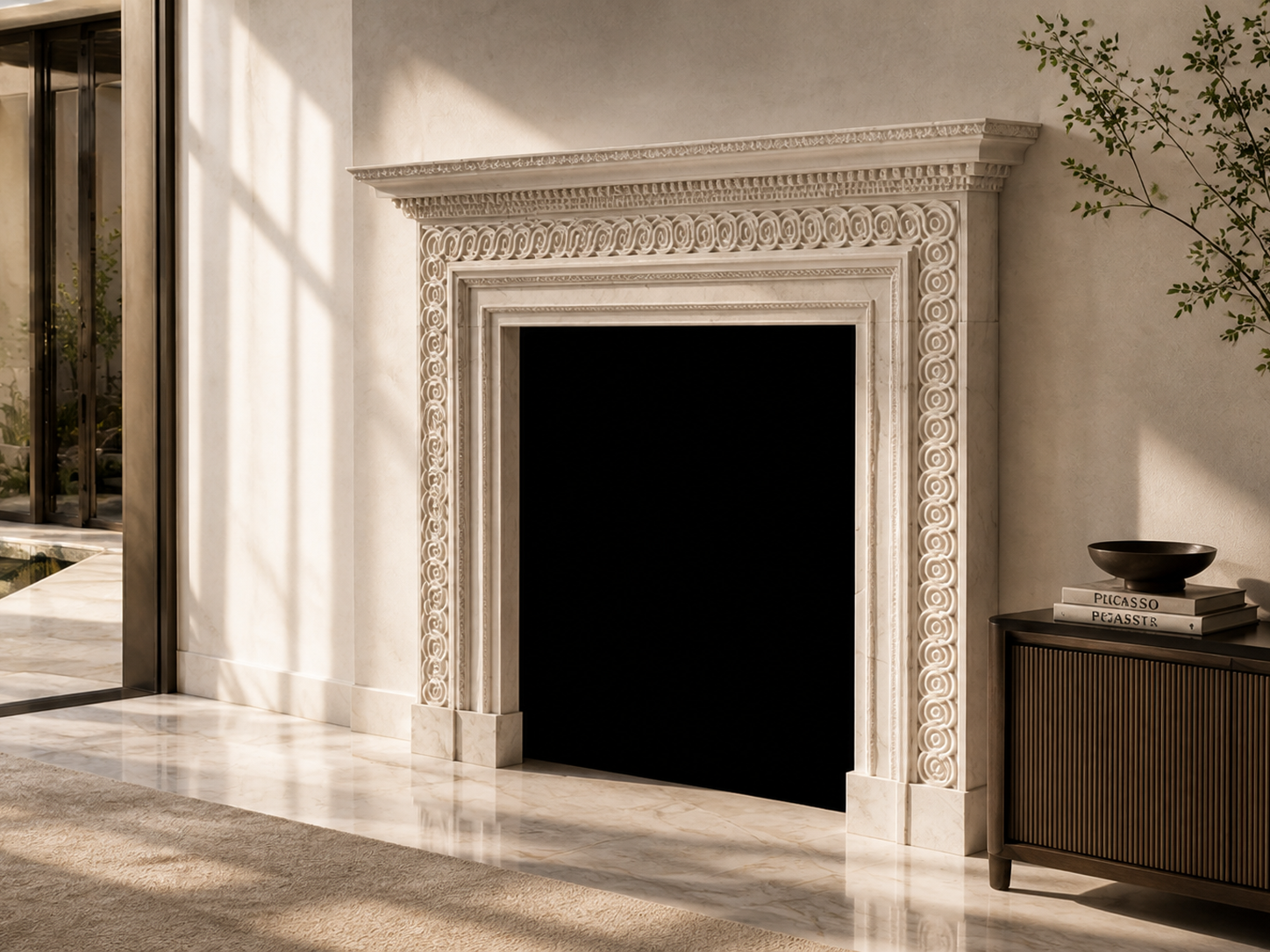 Kaori pale limestone fireplace mantel by 1-OPH, carved detail