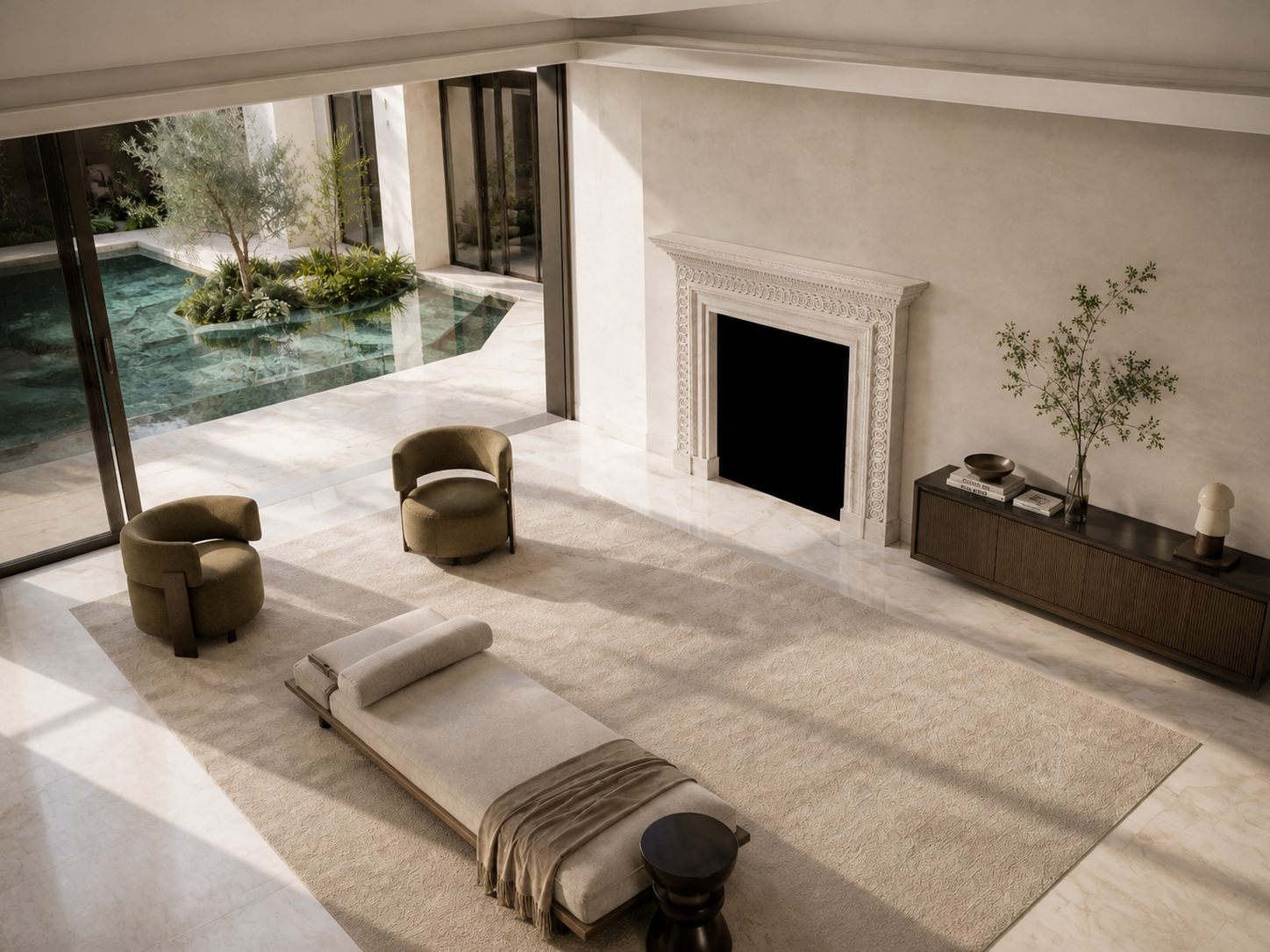 Kaori pale limestone fireplace mantel by 1-OPH, seen from above