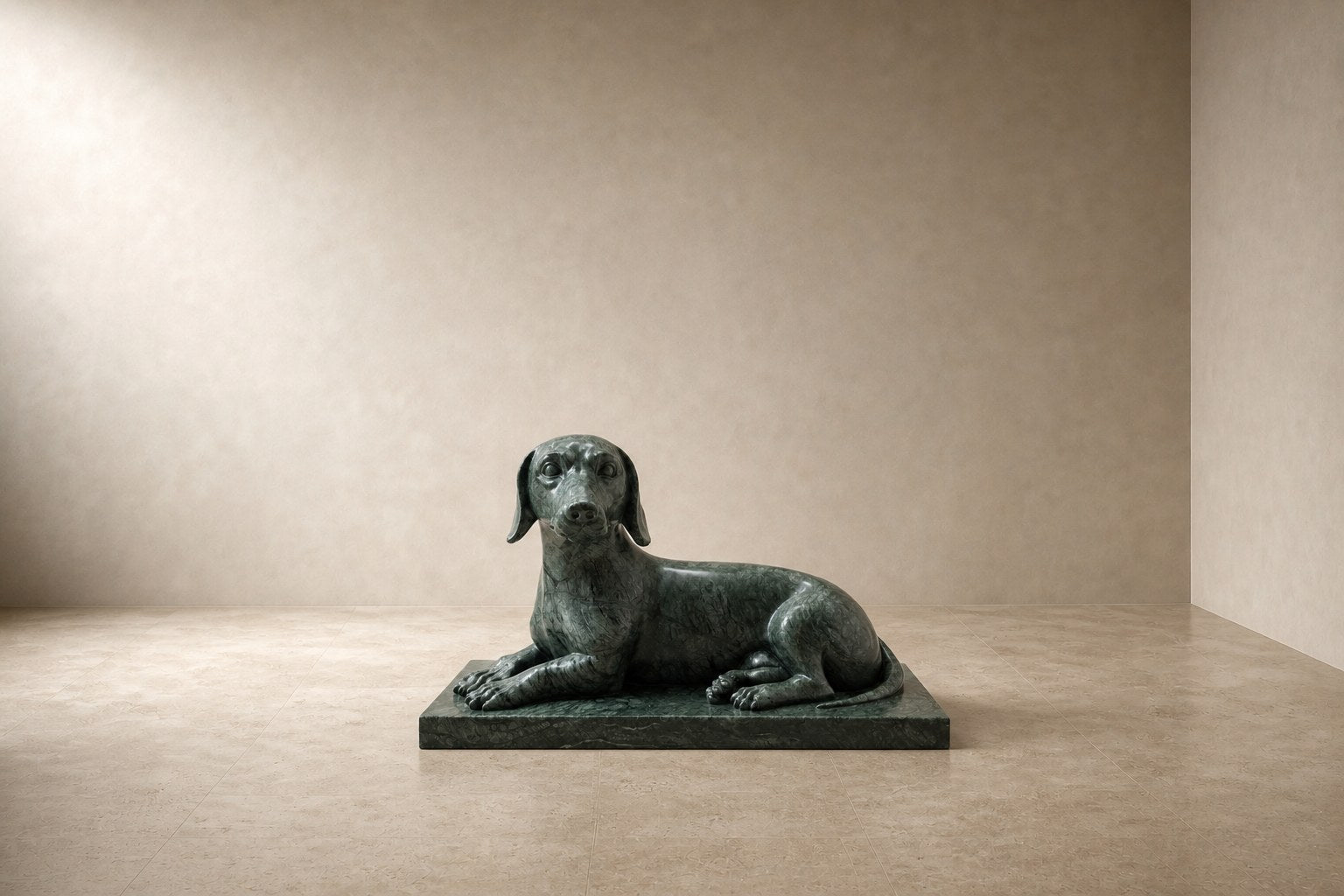 Deep green marble sculpture Collado, a reclining figure carved with its slab base from one block of veined green stone.