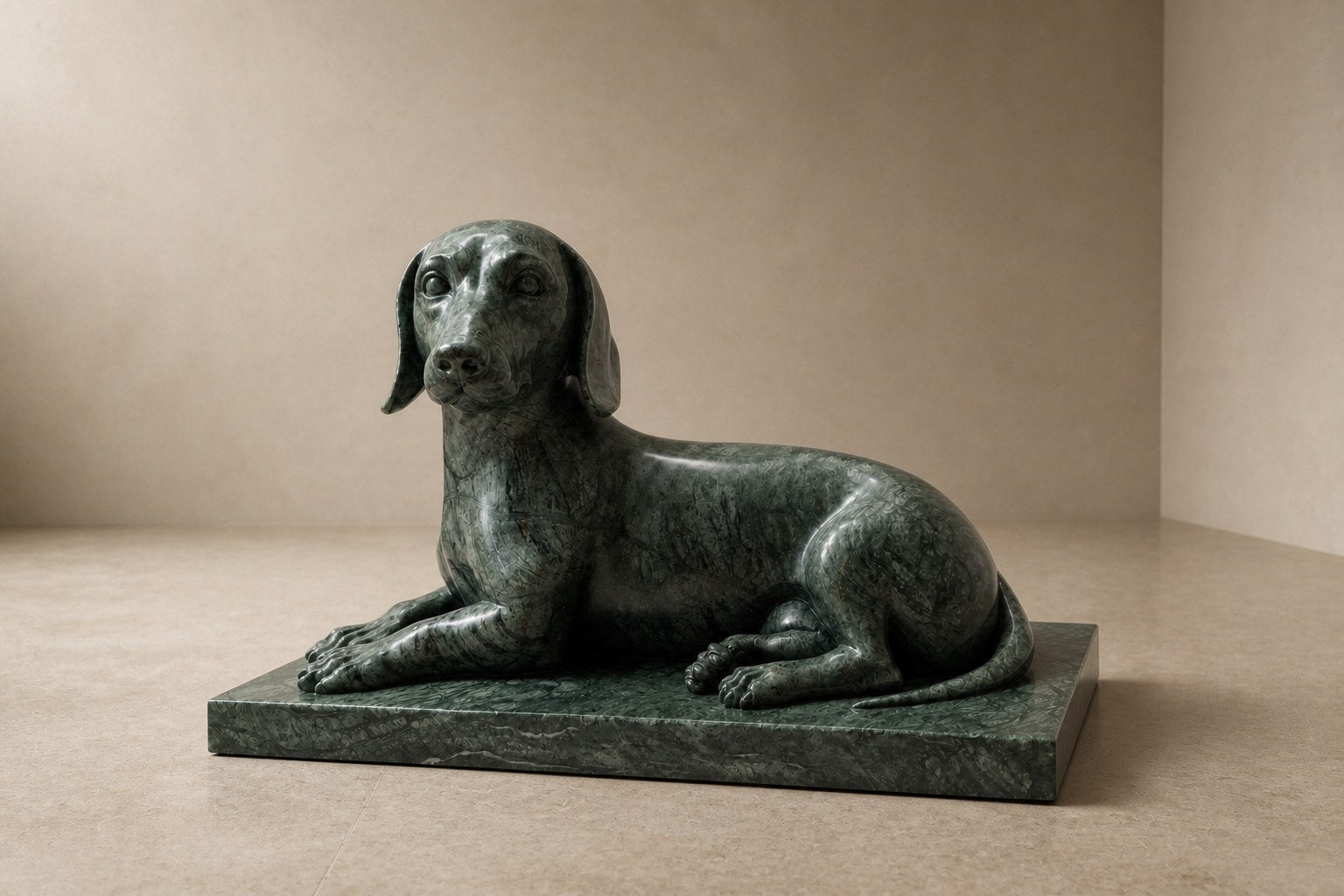 Deep green marble sculpture Collado, a reclining figure carved with its slab base from one block of veined green stone.