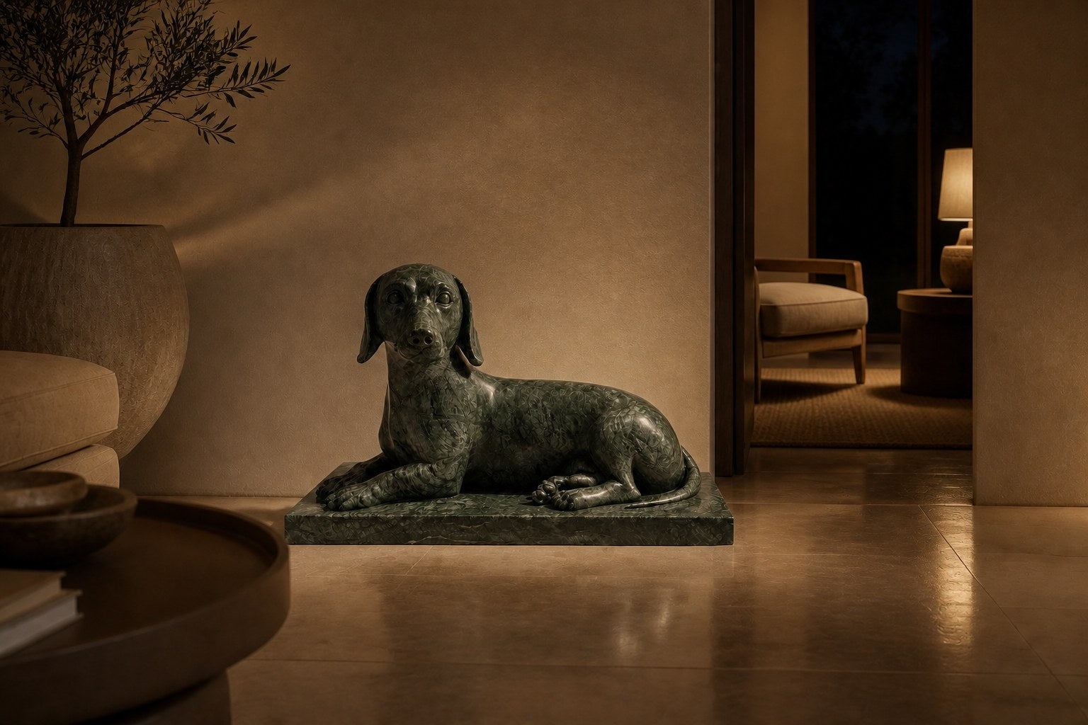 Deep green marble sculpture Collado, a reclining figure carved with its slab base from one block of veined green stone.