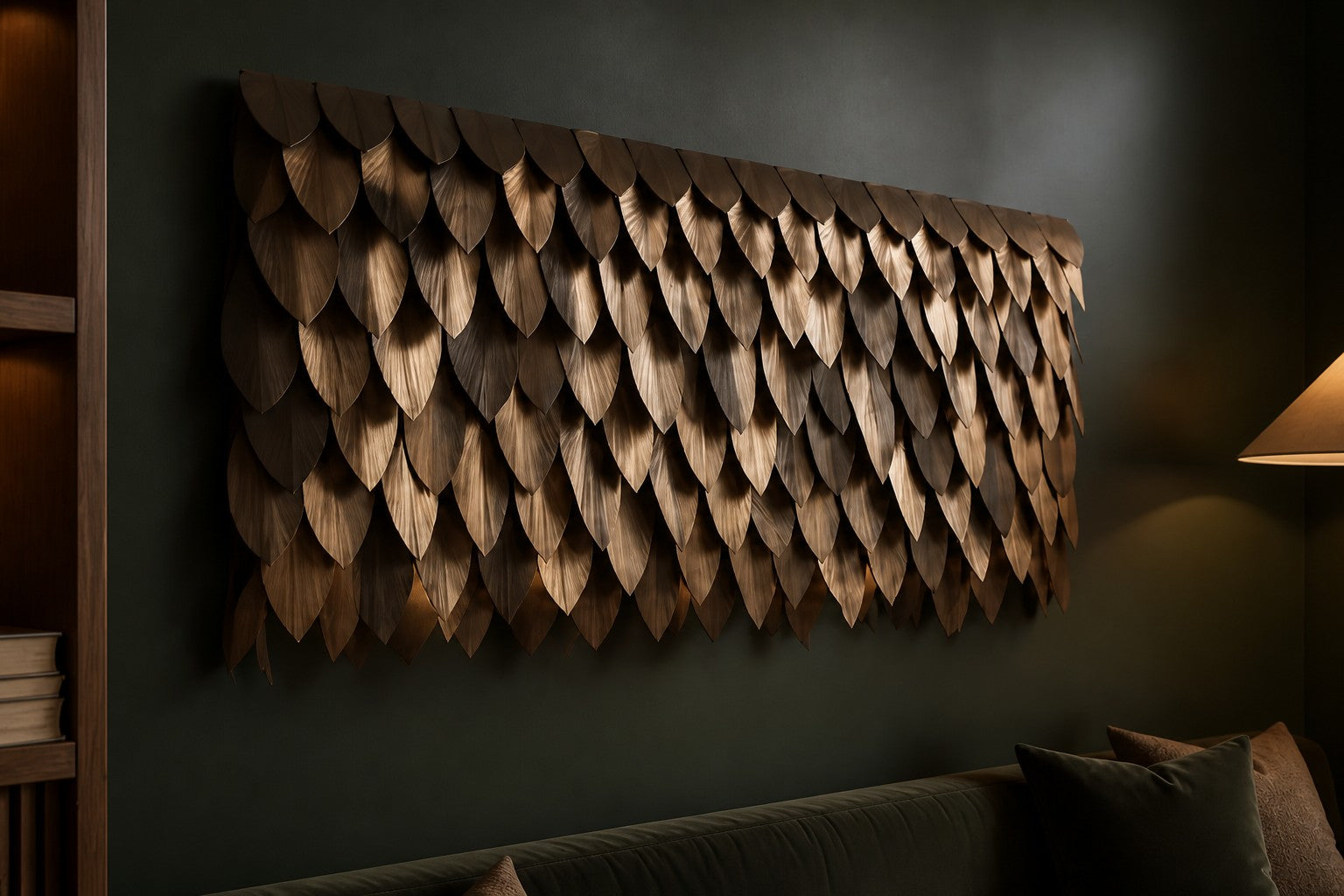 Warm antique gold brass wall sculpture Dhahab, overlapping leaf plates shingled on a concealed rail, on a plaster wall.